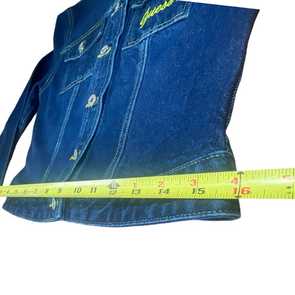 Guess Vintage 90’s Dark Denim Jacket w/ Neon Yellow Stitching size M - Picture 6 of 16